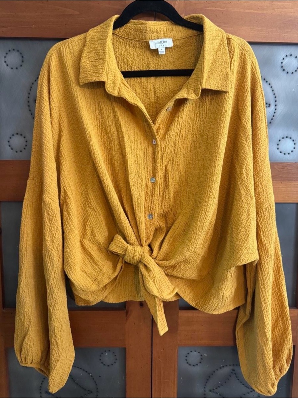 Umgee Mustard Tie-Front Button-Down Blouse
